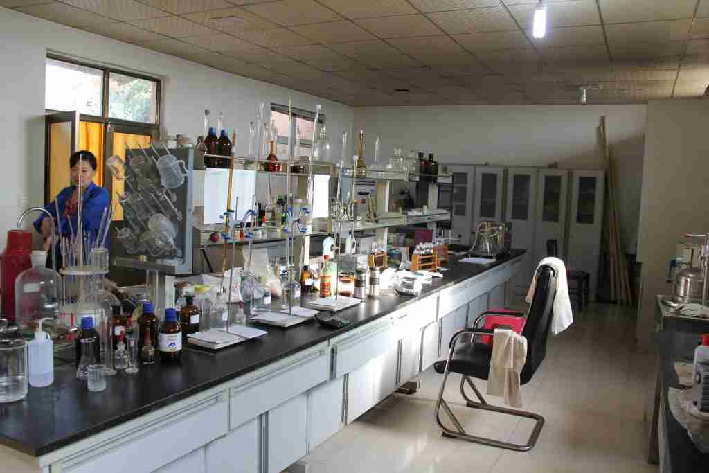 Synthesis bench with glassware in the Green Agrochem laboratory