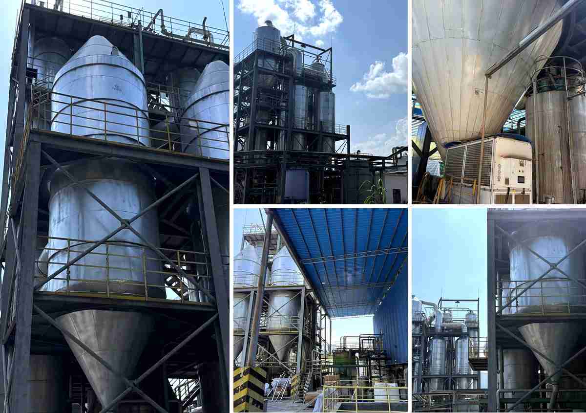 Spray drying towers, multi-effect evaporators and spray dryer hall at a lignosulfonate production plant
